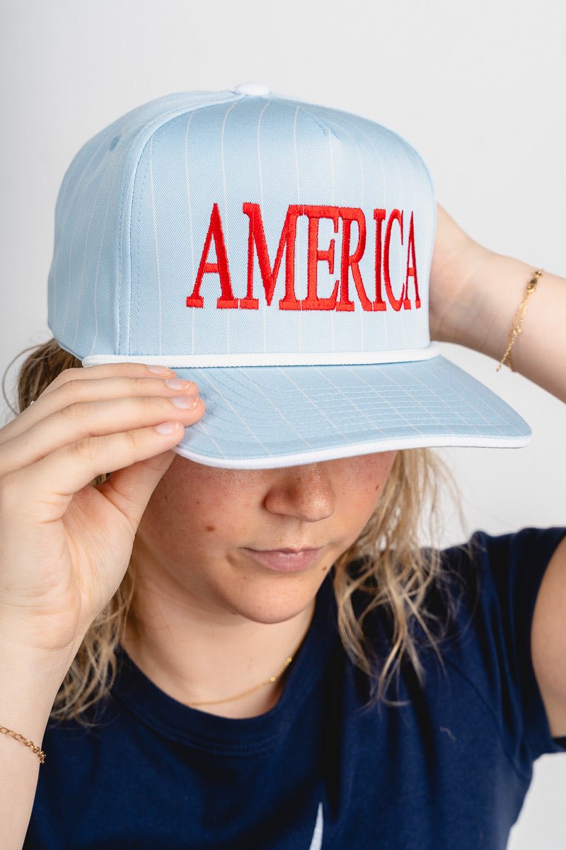 America pinstripe hat baby blue - Trendy hat - Cute American Summer Collection at Lush Fashion Lounge Boutique in Oklahoma City