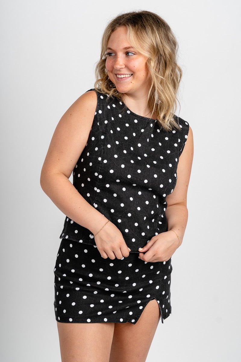 Polka dot open back top black/white