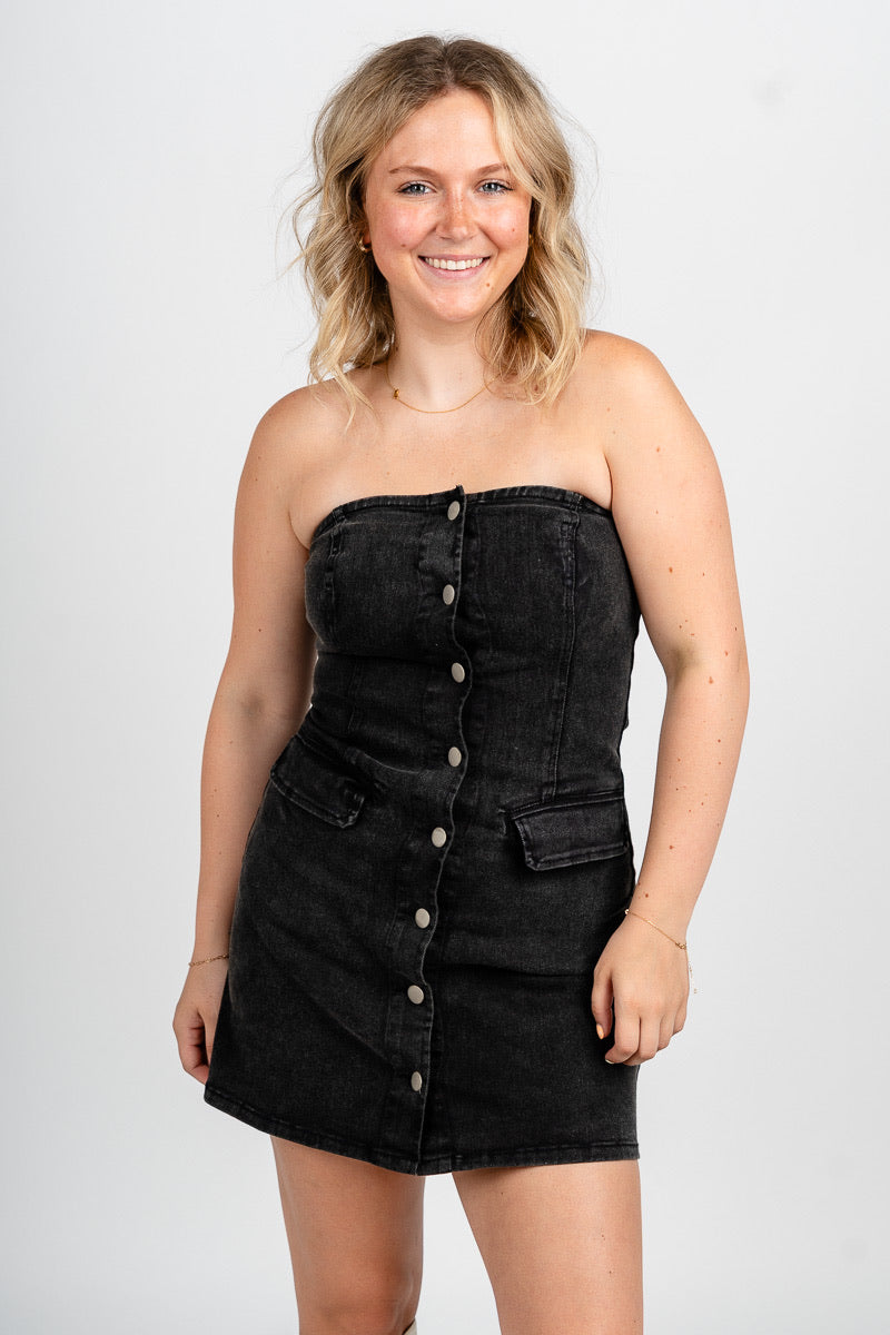 Strapless denim dress black - Cute dress - Trendy Dresses at Lush Fashion Lounge Boutique in Oklahoma City