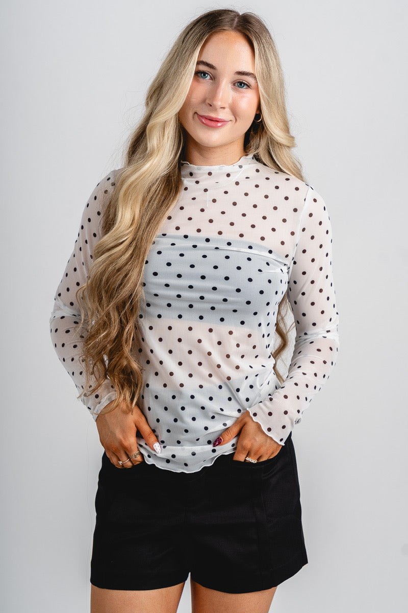 Mesh polka dot long sleeve top white | Trendy Tops - Lush Fashion