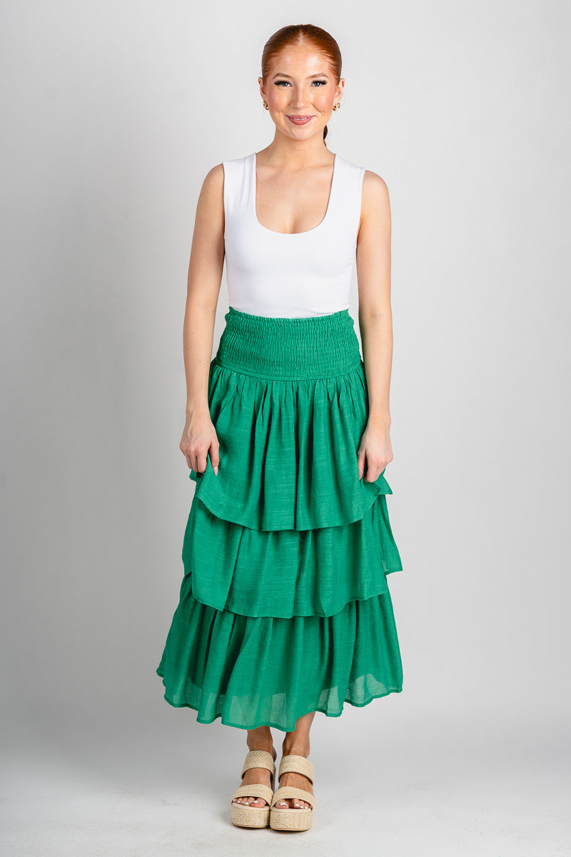 Tiered maxi skirt green - Fun skirt - Unique Getaway Gear at Lush Fashion Lounge Boutique in Oklahoma