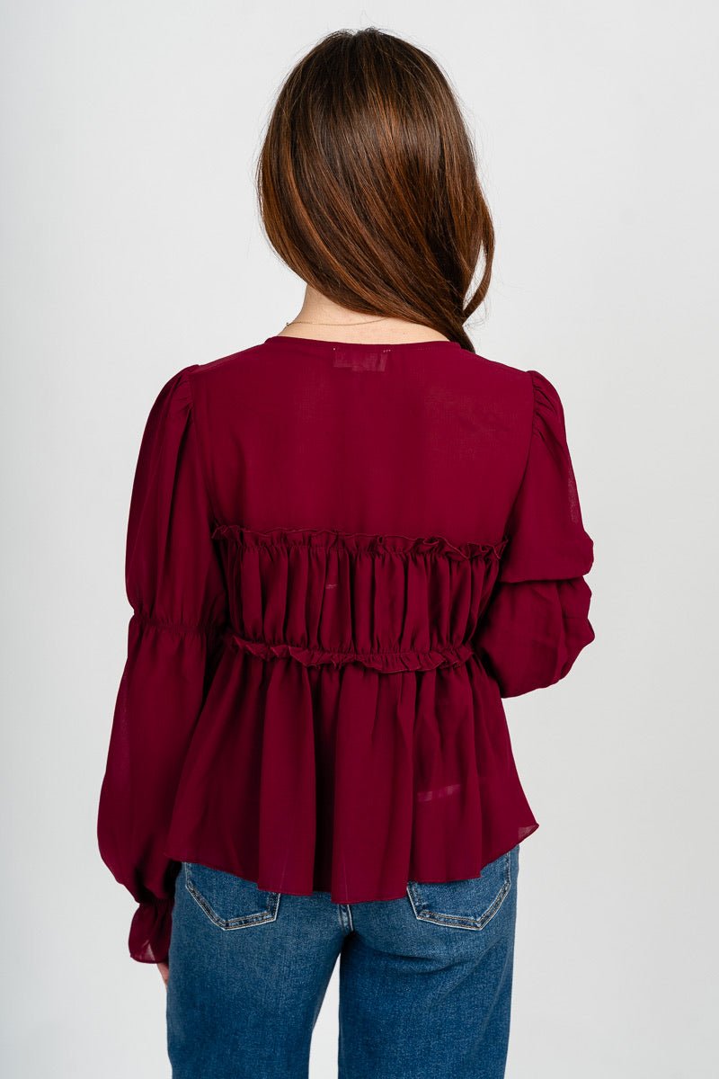 Ribbon front chiffon blouse maroon