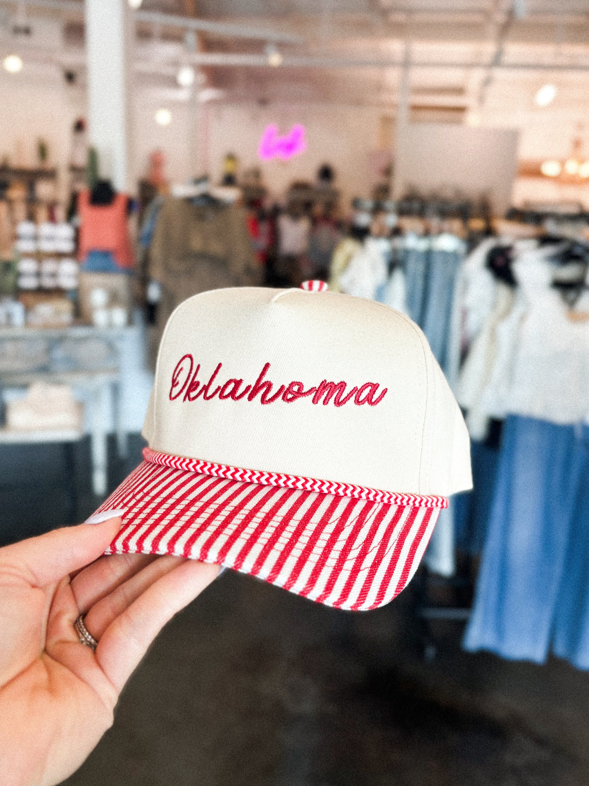 Oklahoma script pinstripe hat natural/red - Trendy Gifts at Lush Fashion Lounge Boutique in Oklahoma City