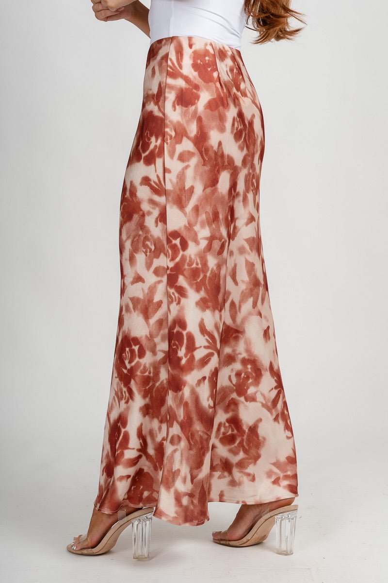 Satin floral maxi skirt rust