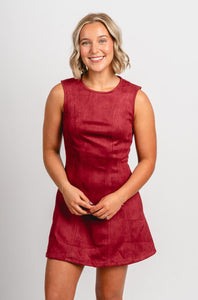 Sleeveless suede mini dress burgundy - Trendy Holiday Apparel at Lush Fashion Lounge Boutique in Oklahoma City