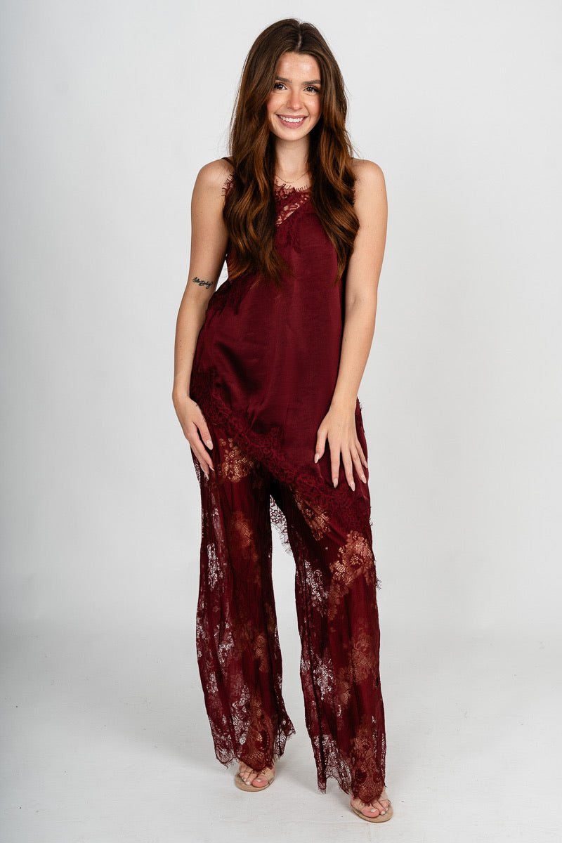 Asymmetrical lace trim cami burgundy - Trendy tank top - Fashion Tank Tops at Lush Fashion Lounge Boutique in Oklahoma City