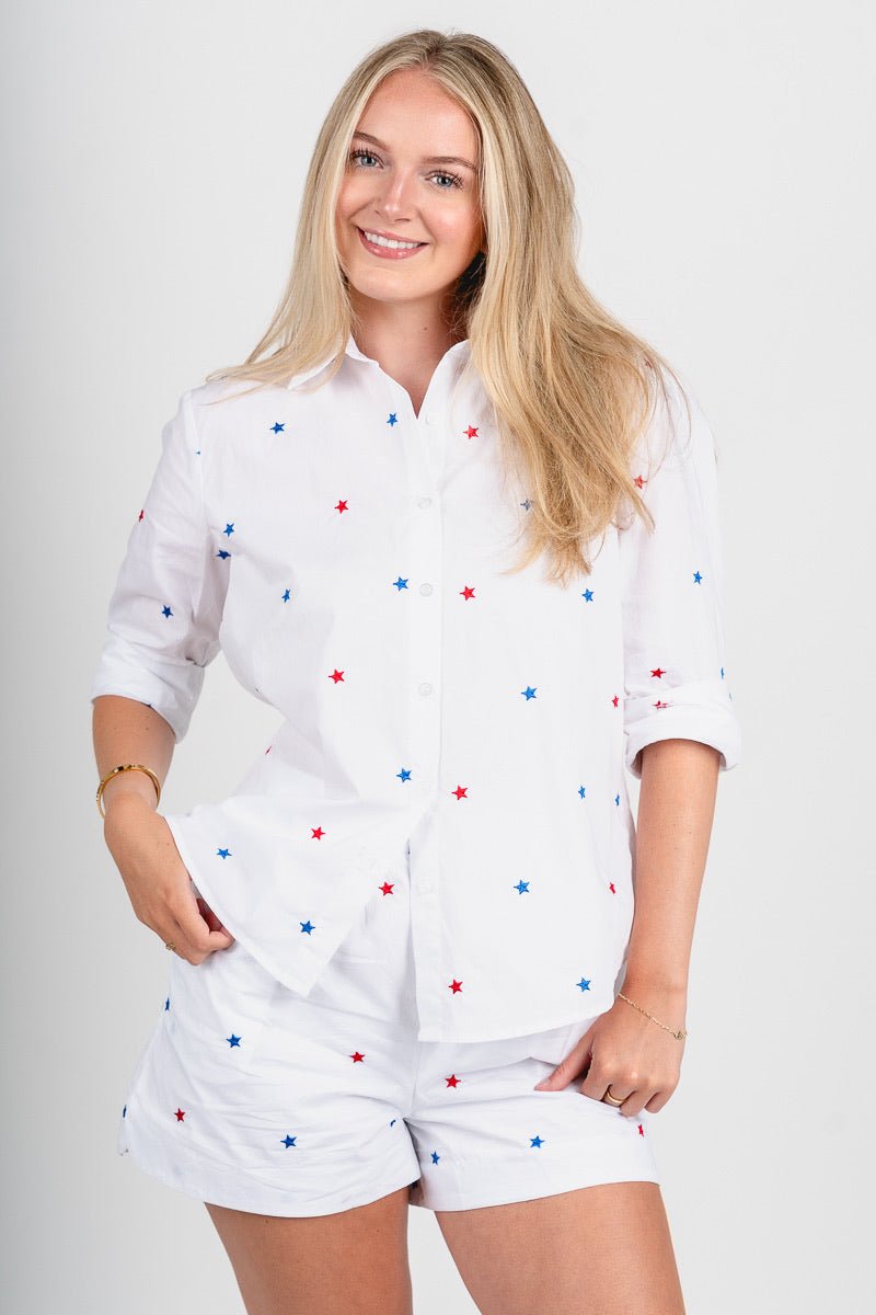 Star embroidered button up top white