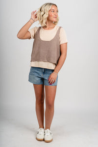 Layered knit tank top sweater sand beige - Trendy top - Fashion Tank Tops at Lush Fashion Lounge Boutique in Oklahoma City