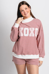 XOXO striped sweatshirt red/cream - Unique Valentine's Day T-Shirt Designs at Lush Fashion Lounge Boutique in Oklahoma City