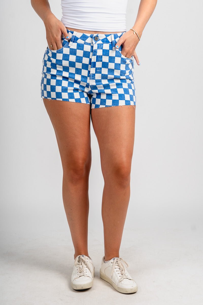 Hidden high rise Finn checkered shorts blue/white - Cute shorts - Fun American Summer Outfits at Lush Fashion Lounge Boutique in Oklahoma City