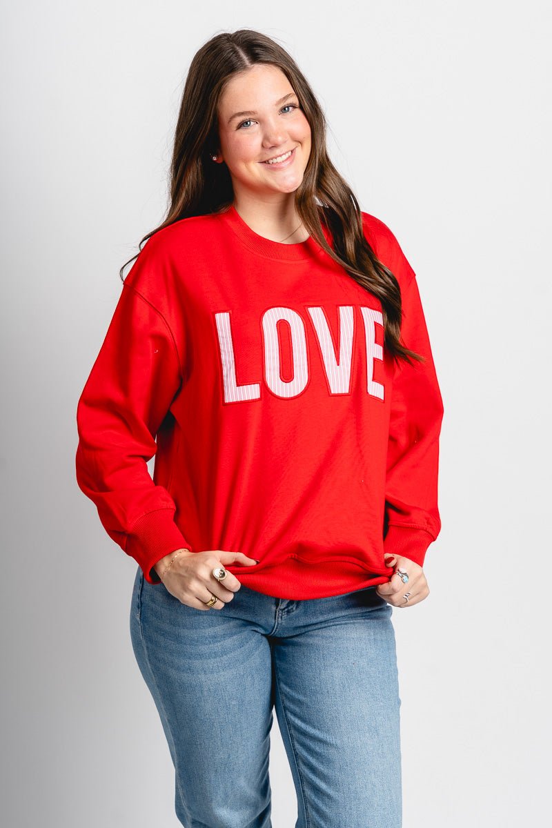 LOVE patch sweatshirt red - Unique Valentine's Day T-Shirt Designs at Lush Fashion Lounge Boutique in Oklahoma City