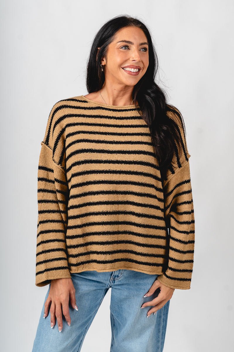 Striped oversized sweater sand/black - Trendy Sweaters | Cute Pullover Sweaters at Lush Fashion Lounge Boutique in Oklahoma City