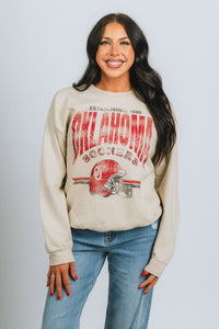 OU OU Sooners established helmet thrifted sweatshirt sand Sweatshirt | Lush Fashion Lounge Trendy Oklahoma University Sooners Apparel & Cute Gameday T-Shirts
