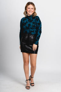 Floral mock neck bodysuit dark teal Stylish Bodysuit - Womens Fashion Bodysuits at Lush Fashion Lounge Boutique in Oklahoma City