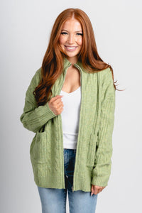 Zip front cable knit cardigan olive - Affordable Cardigan - Boutique Cardigans & Trendy Kimonos at Lush Fashion Lounge Boutique in Oklahoma City