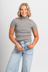 Short sleeve turtleneck sweater heather grey – Stylish Sweaters | Boutique Sweaters at Lush Fashion Lounge Boutique in Oklahoma City
