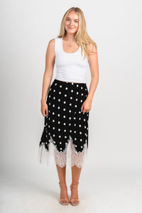 Lace trim polka dot midi skirt black/white | Lush Fashion Lounge: boutique fashion skirts, affordable boutique skirts, cute affordable skirts