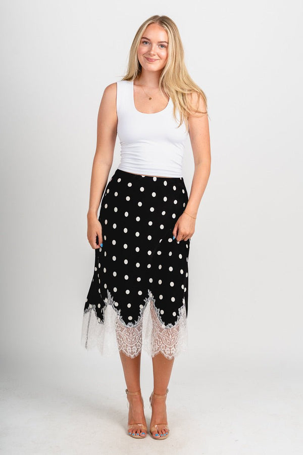 Lace trim polka dot midi skirt black/white | Trendy Skirts - Lush