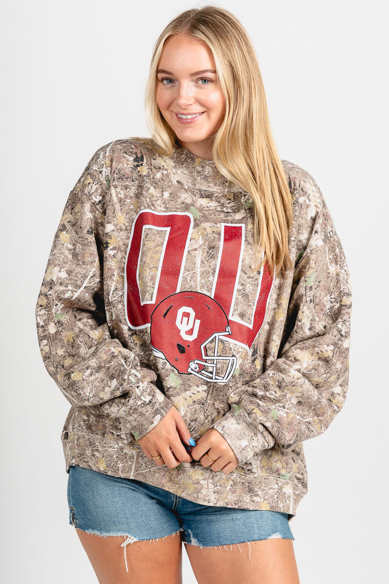 OU OU Sooners helmet fade mock neck sweatshirt camo Sweatshirt | Lush Fashion Lounge Trendy Oklahoma University Sooners Apparel & Cute Gameday T-Shirts