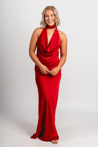 High neck open back satin dress red - Exclusive Collection of Holiday Inspired T-Shirts and Hoodies at Lush Fashion Lounge Boutique in Oklahoma City