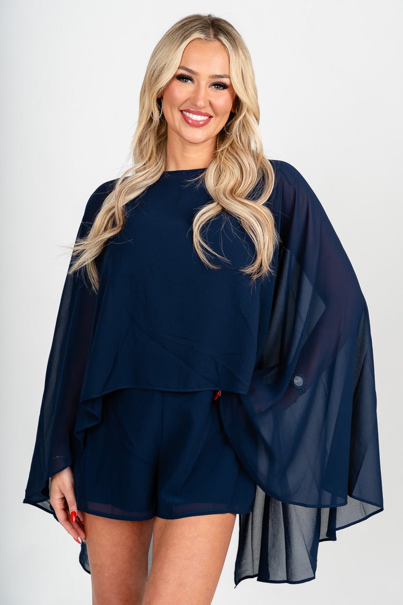 Chiffon cape romper navy