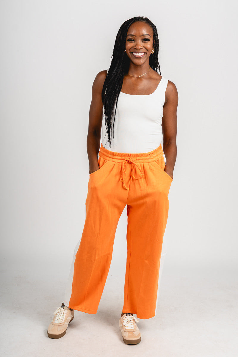 Scuba barrel sweatpants orange/white | Lush Fashion Lounge: women's boutique pants, boutique women's pants, affordable boutique pants, women's fashion pants