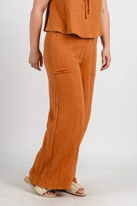 Gauze wide leg pants maple | Lush Fashion Lounge: women's boutique pants, boutique women's pants, affordable boutique pants, women's fashion pants