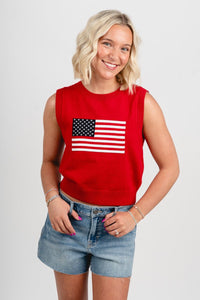 Sleeveless American flag sweater red - Adorable Sweater - Stylish Patriotic Summer Graphic Tees at Lush Fashion Lounge Boutique in OKC