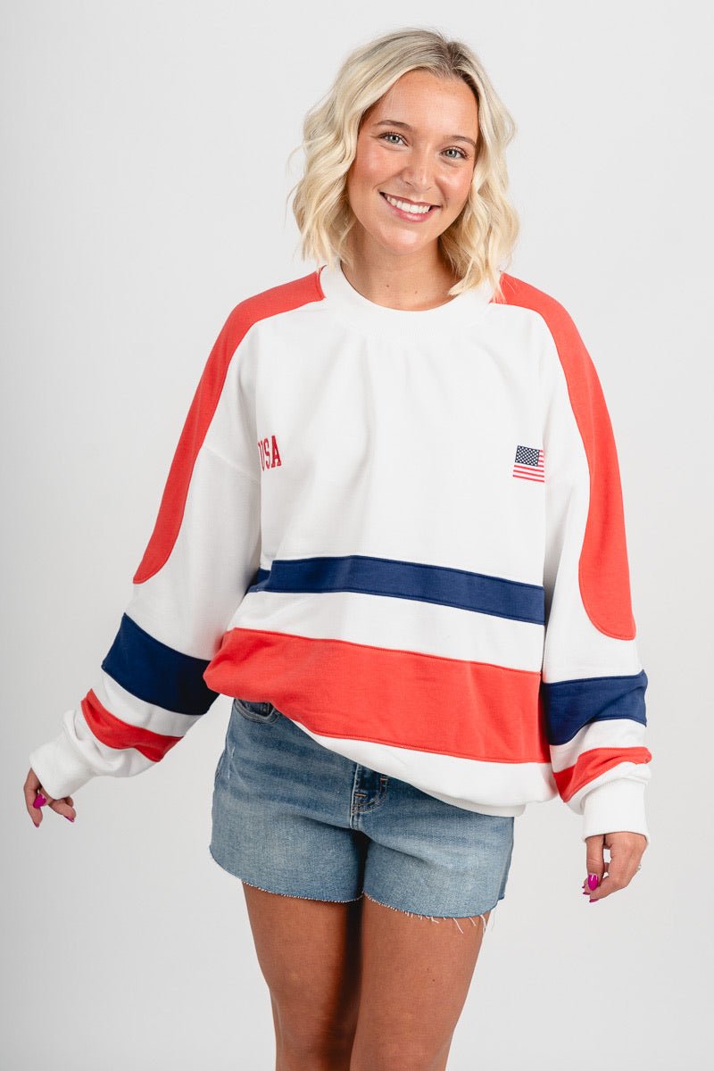 USA color block sweatshirt red/white/navy - Cute sweatshirt - Fun American Summer Outfits at Lush Fashion Lounge Boutique in Oklahoma City