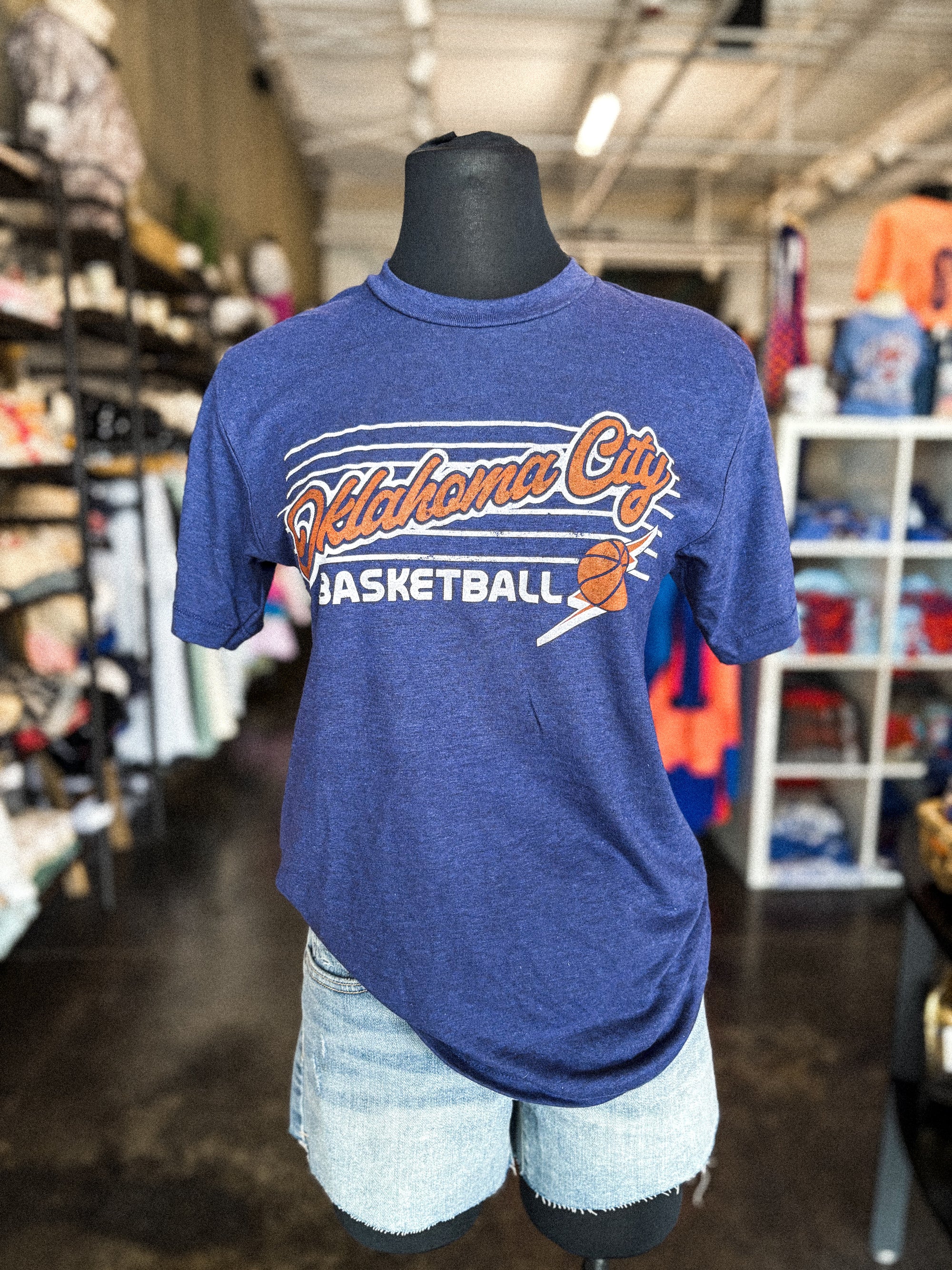 Oklahoma City horizontal lines bolt t-shirt navy - Trendy OKC Apparel at Lush Fashion Lounge Boutique in Oklahoma City