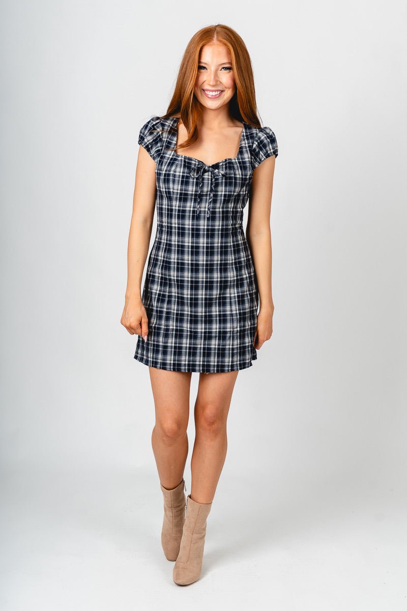Square neck plaid mini dress navy/cream