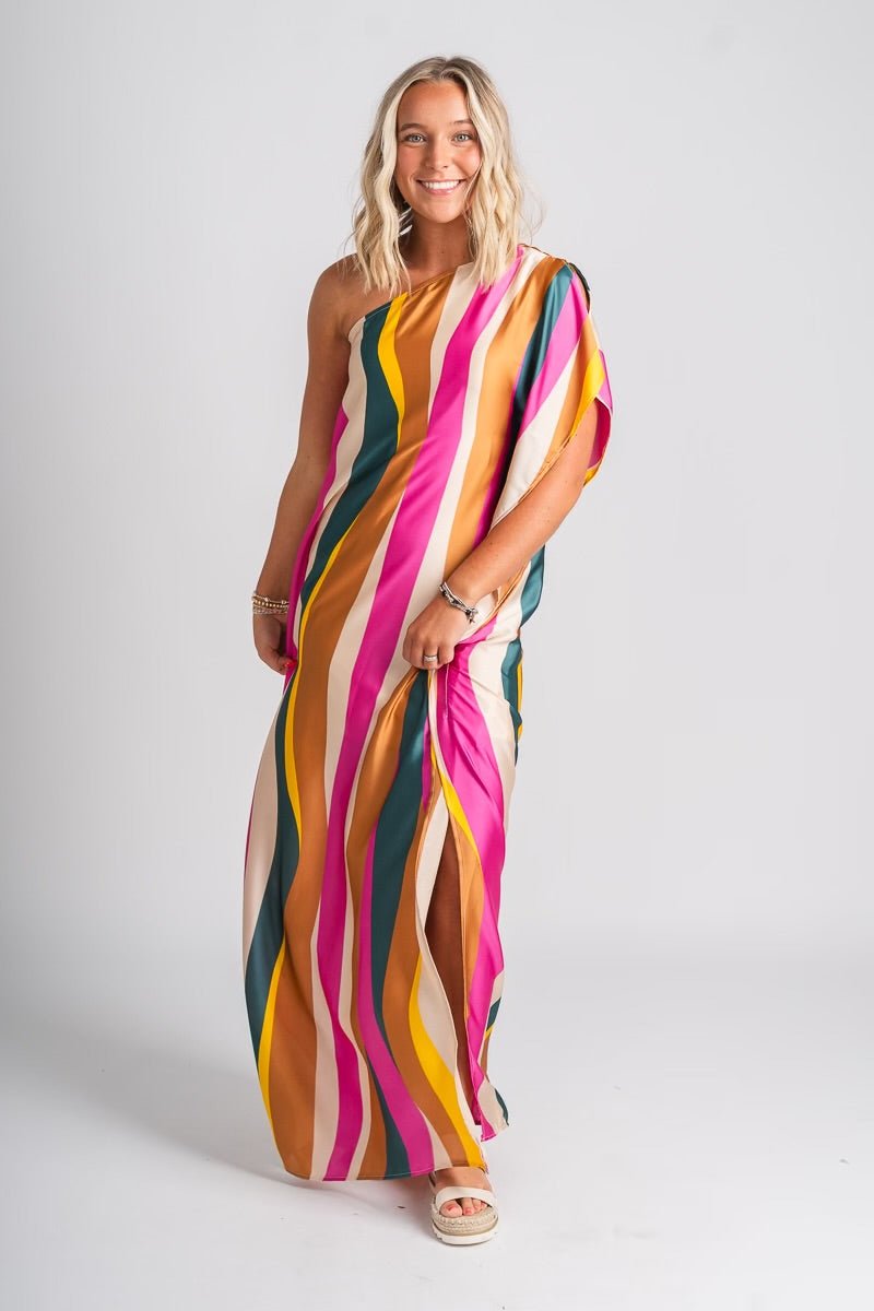 One shoulder sunset maxi dress pink multi - Trendy dress - Cute Vacation Collection at Lush Fashion Lounge Boutique in Oklahoma City