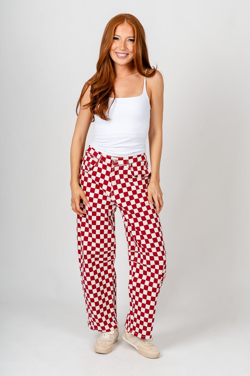 Checkered barrel jeans crimson