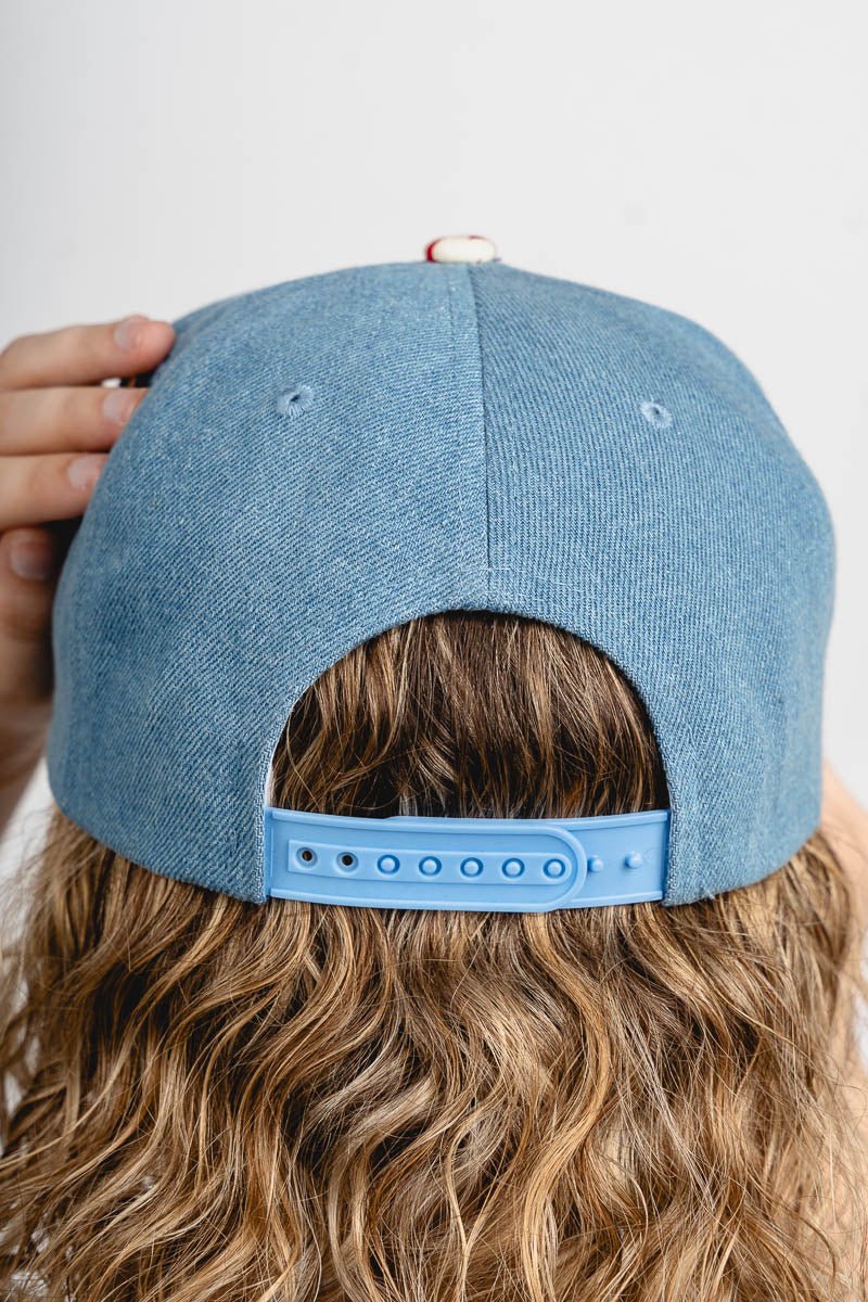 USA embroidered patchwork hat denim - Stylish hat - Trendy American Summer Fashion at Lush Fashion Lounge Boutique in Oklahoma