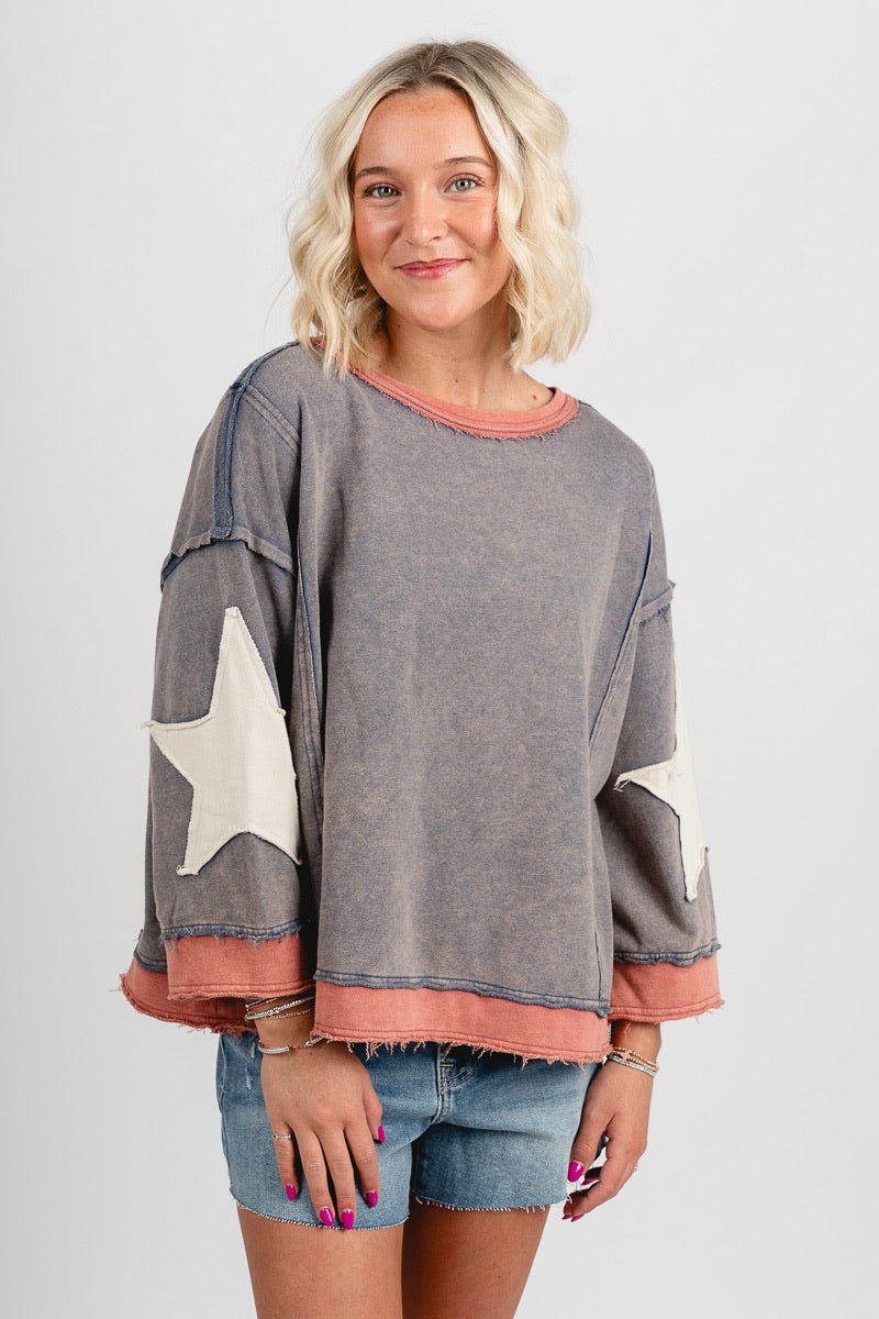 Stars mineral wash sweatshirt vintage navy - Adorable top - Stylish Patriotic Summer Graphic Tees at Lush Fashion Lounge Boutique in OKC