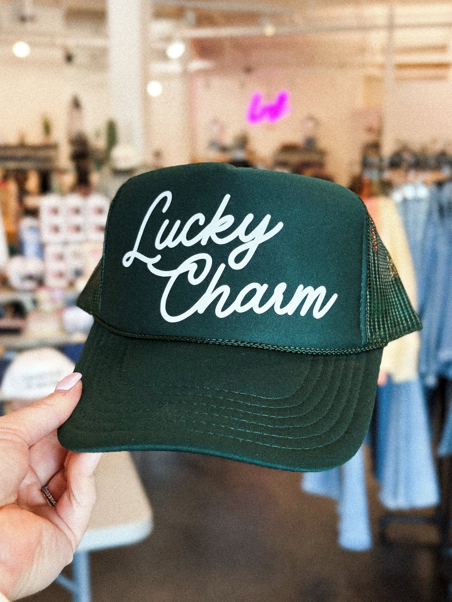 Lucky charm trucker hat green - Trendy T-Shirts for St. Patrick's Day at Lush Fashion Lounge Boutique in Oklahoma City