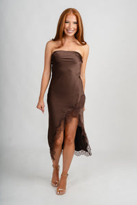 Strapless lace trim midi dress dark chocolate - Cute dress - Trendy Dresses at Lush Fashion Lounge Boutique in Oklahoma City
