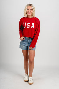 USA mock neck sweater red - Stylish Sweater - Trendy American Summer Fashion at Lush Fashion Lounge Boutique in Oklahoma