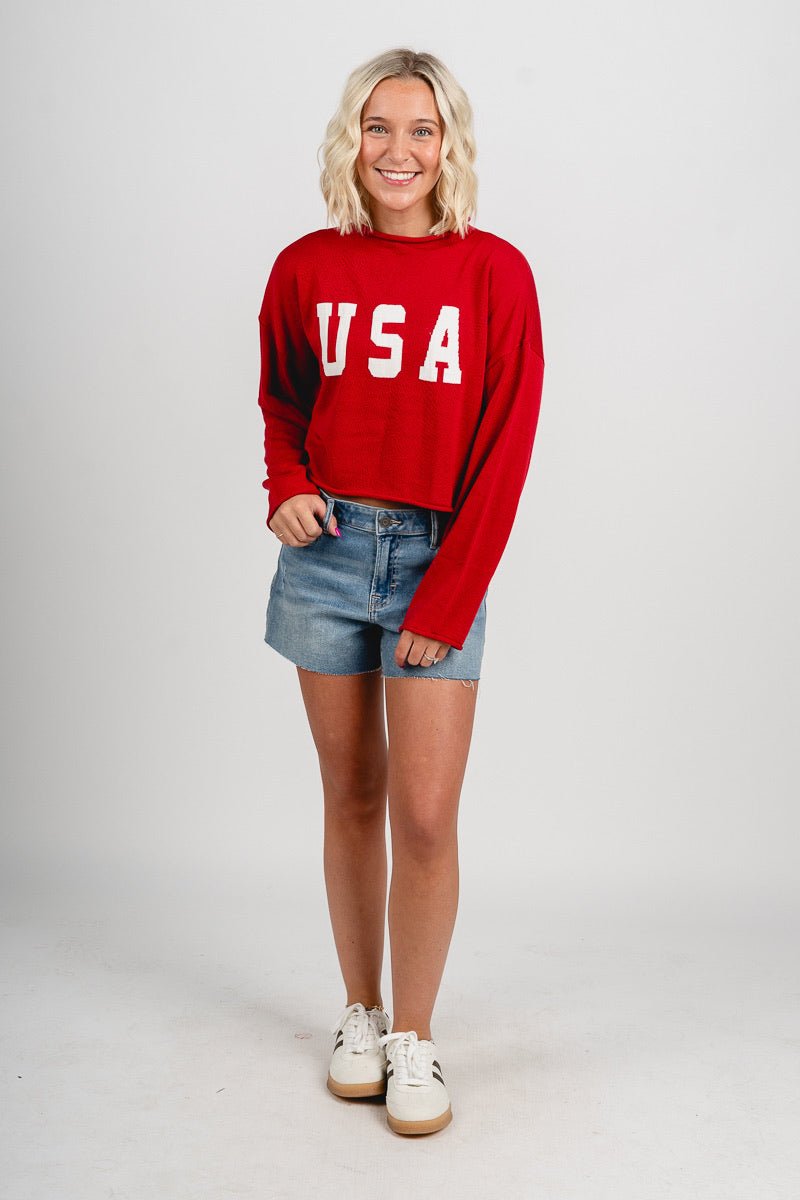 USA mock neck sweater red - Stylish Sweater - Trendy American Summer Fashion at Lush Fashion Lounge Boutique in Oklahoma