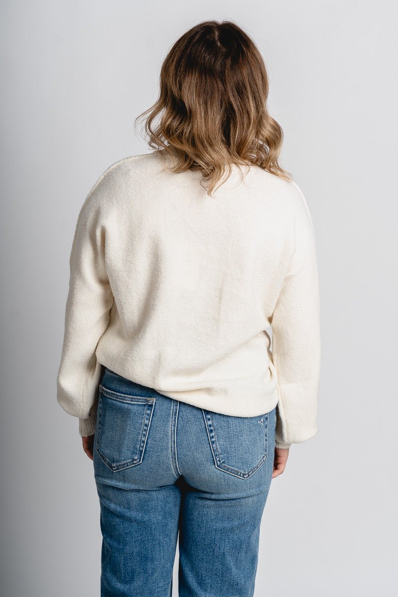 Mock neck balloon sleeve sweater almond milk