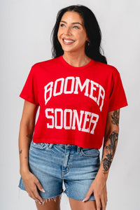 OU OU Boomer Sooner simple crop t-shirt red T-shirt | Lush Fashion Lounge Trendy Oklahoma University Sooners Apparel & Cute Gameday T-Shirts
