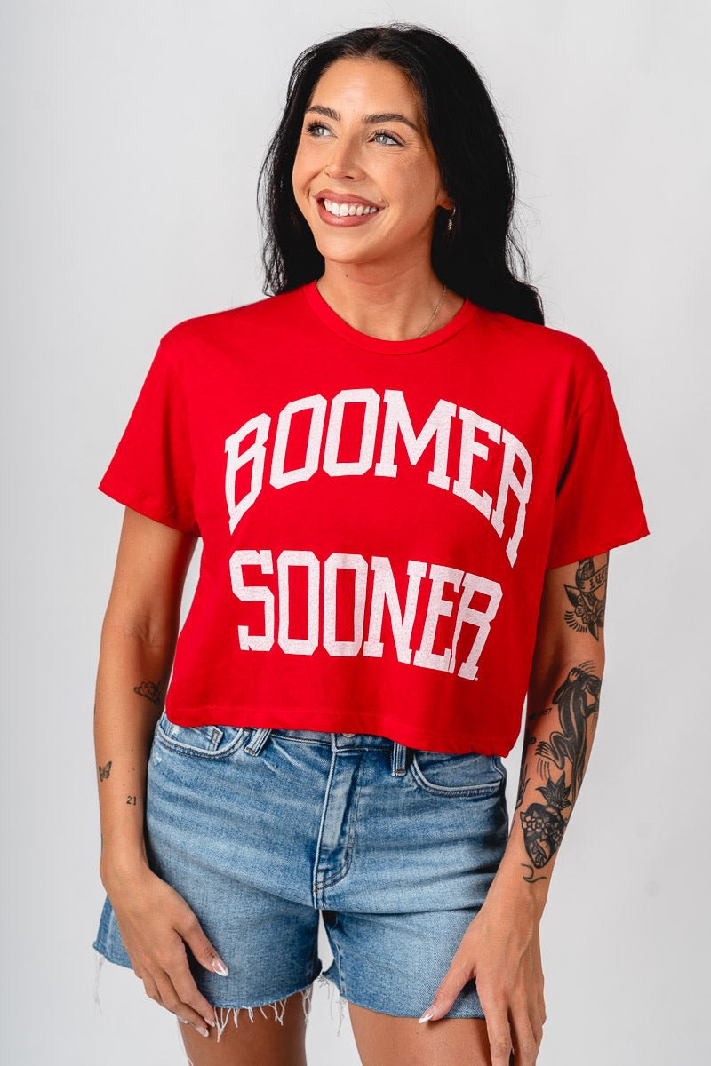 OU OU Boomer Sooner simple crop t-shirt red T-shirt | Lush Fashion Lounge Trendy Oklahoma University Sooners Apparel & Cute Gameday T-Shirts