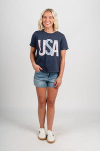 USA floral stars & stripes tee navy - Cute T-shirt - Fun American Summer Outfits at Lush Fashion Lounge Boutique in Oklahoma City