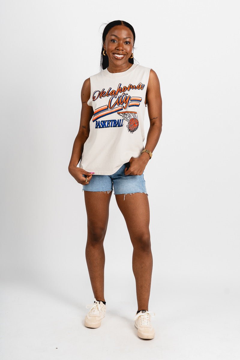 OKC basketball script swish muscle tank top bone - Trendy OKC Thunder T-Shirts at Lush Fashion Lounge Boutique in Oklahoma City
