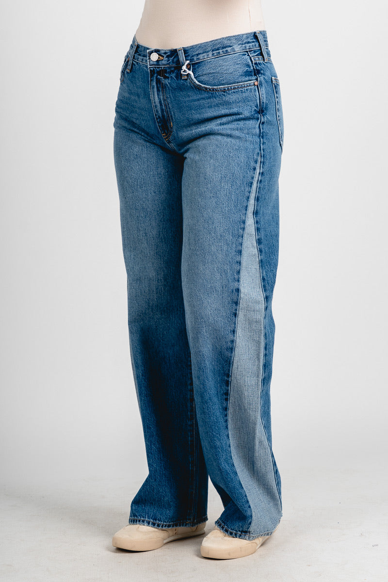 High rise contrast seam barrel jeans medium denim