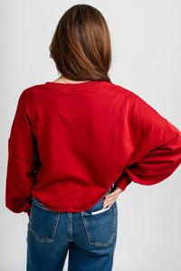 OU OU Sooners patched up crop sweatshirt crimson Sweatshirt | Lush Fashion Lounge Trendy Oklahoma University Sooners Apparel & Cute Gameday T-Shirts