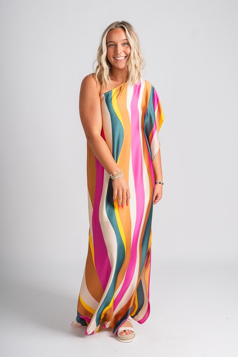 One shoulder sunset maxi dress pink multi - Affordable dress - Boutique Dresses at Lush Fashion Lounge Boutique in Oklahoma City