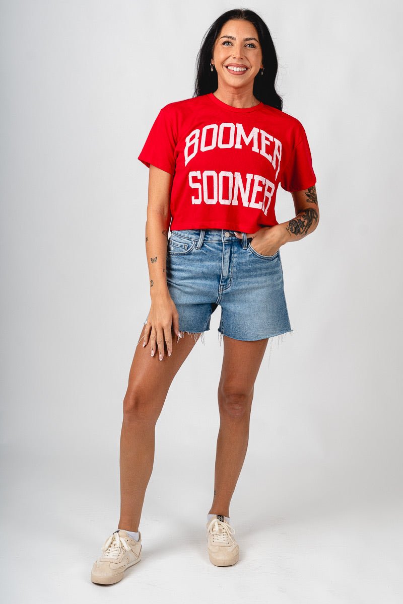 OU OU Boomer Sooner simple crop t-shirt red T-shirt | Lush Fashion Lounge Trendy Oklahoma University Sooners Apparel & Cute Gameday T-Shirts