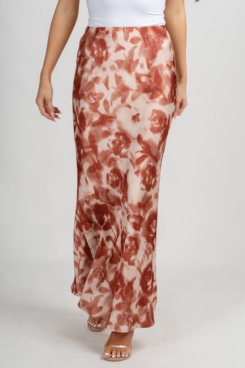 Satin floral maxi skirt rust