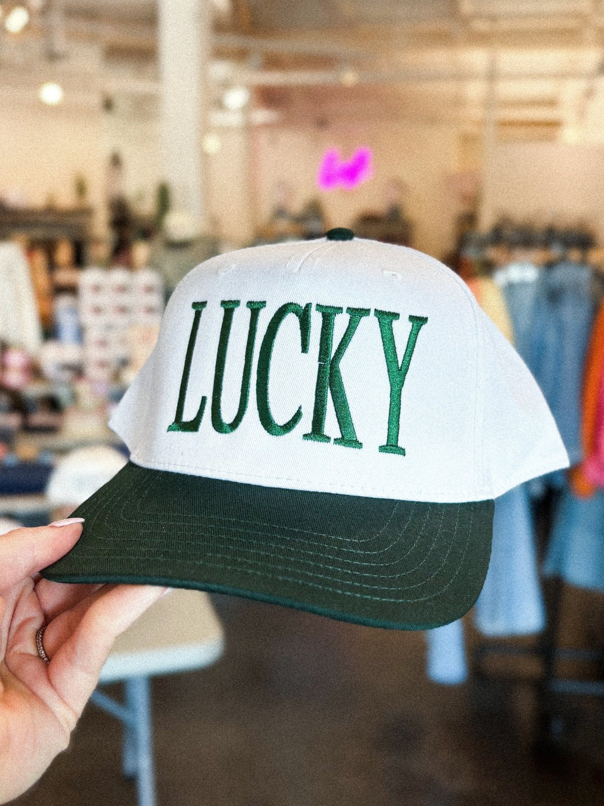 Lucky embroidered hat white/green - Trendy T-Shirts for St. Patrick's Day at Lush Fashion Lounge Boutique in Oklahoma City